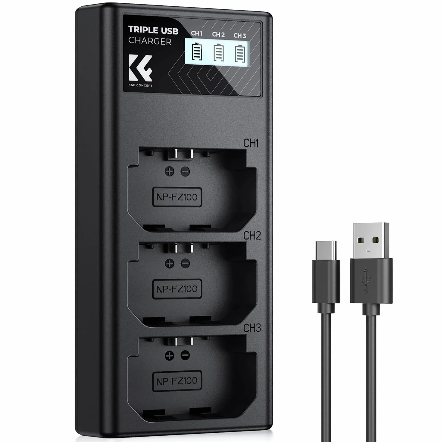K&F CONCEPT Caricabatterie NP-FZ100, caricabatterie a 3 slot A7iii con display LCD per fotocamere Sony A7iii A7iv A7Rv A6700 A6600 A9 A1 FX3 FX30 ZV-E1