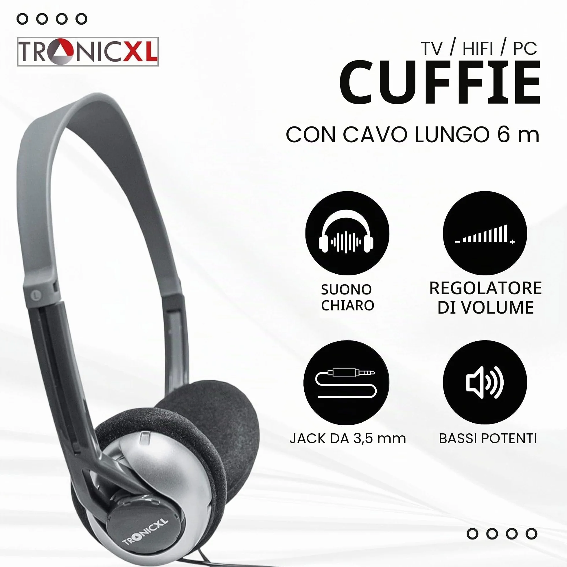 TronicXL - Cuffie per TV con cavo lungo 6 m, compatibili con televisori Samsung, LG, Sony, Toshiba, DYON, JVC, Philips, Apple, iPad, iMac, Computer, etc