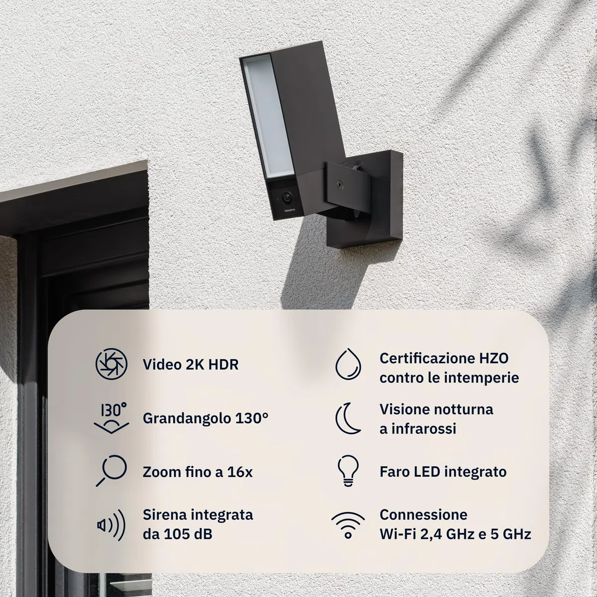 Netatmo Videocamera di Sorveglianza Esterna, WiFi 5 GHz, 2SD, 2K HDR, Rilevamento intelligente di persone/Veicoli e animali/proiettore LED 12 W, Sirena 105 dB, Archiviazione locale, NOC2-B-AMZ