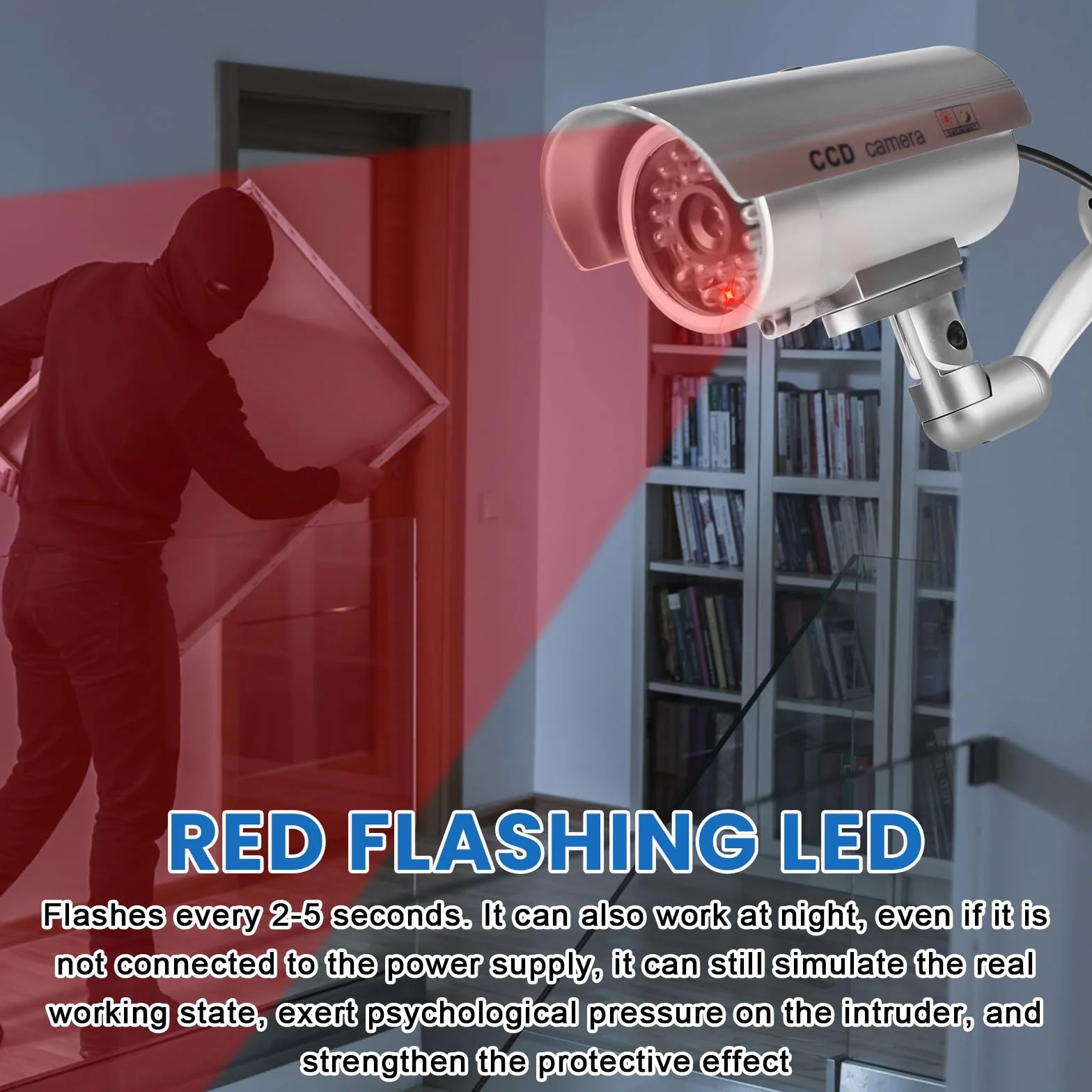 Sporgo 2 pezzi telecamera di sorveglianza: Dummy telecamera di sorveglianza esterna con luce a LED rossa lampeggiante, atrappe telecamera di sorveglianza finta fotocamera di sicurezza per interni ed