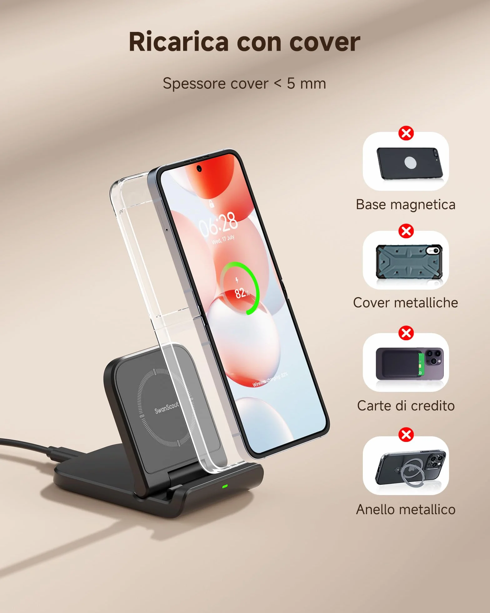 Caricatore Wireless per Samsung Galaxy Z Flip 7, Ricarica Wireless per Galaxy Z Flip 7 FE/6/5/4/3, Moto Razr 60/50/40/Ultra, SwanScout 501S (Pieghevole) (Nero)