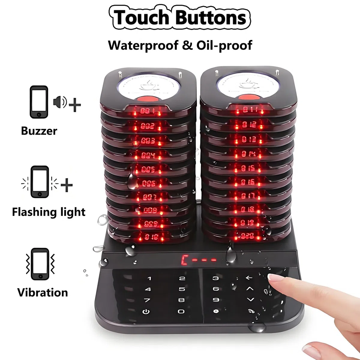 Cercapersone per Ristoranti, Segnale Coda Wireless con Portata 1000m, Sistemi di Chiamata Wireless Digitale per Gestione delle Code con Vibrazione e Segnale Luminoso, Tastiera Touch