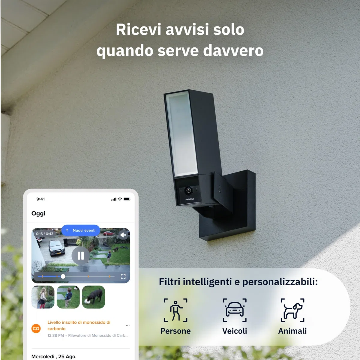 Netatmo Videocamera di Sorveglianza Esterna, WiFi 5 GHz, 2SD, 2K HDR, Rilevamento intelligente di persone/Veicoli e animali/proiettore LED 12 W, Sirena 105 dB, Archiviazione locale, NOC2-B-AMZ