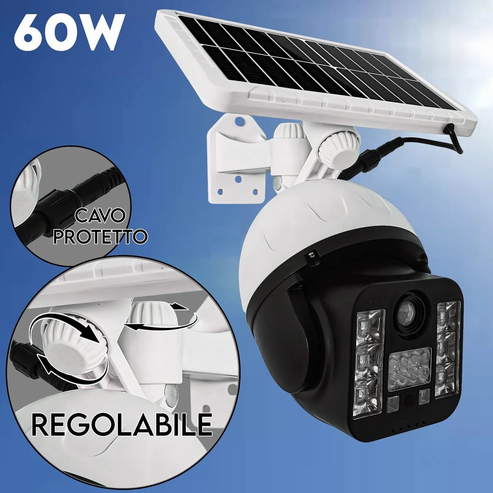 Telecamera Finta Da Esterno Con Ricarica Pannello Solare, Lampada led Da Strada Faro led Con Sensore Di Movimento, Videocamera Finta Per Sicurezza 30 Led - 60 watt