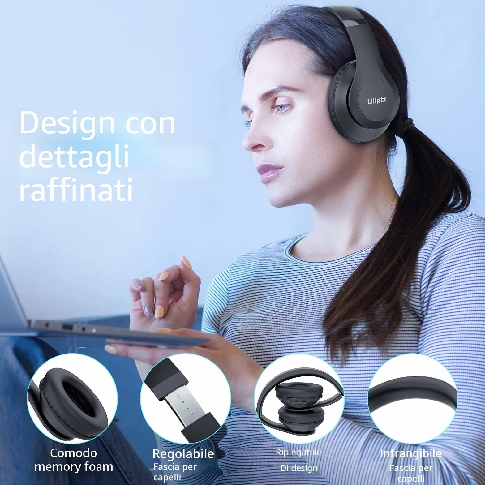 Uliptz Cuffie Wireless, 65 Ore Di Riproduzione, Over Ear, Senza Fili, Stereo HiFi con Microfono, Cuffie Bluetooth 5.3 per Viaggio/Ufficio/Telefono/PC (Nero)