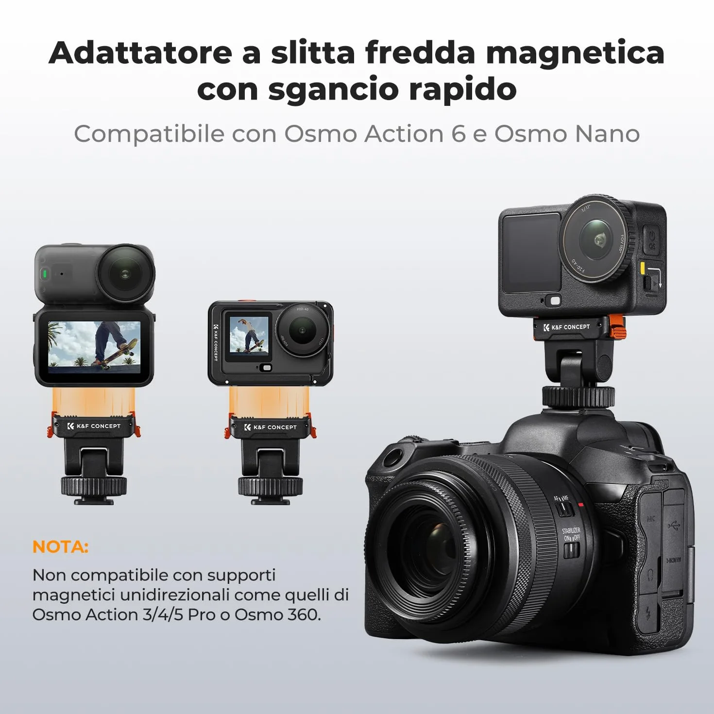 K&F CONCEPT Supporto a slitta fredda in plastica compatibile con DJI Osmo Nano/Osmo Action 6, supporto magnetico a sgancio rapido per action camera, adattatore treppiede con connettore a slitta calda