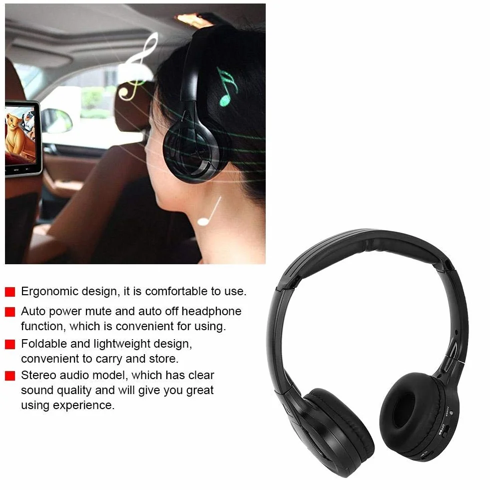 KIMISS Auricolare per auto a 2 canali, audio stereo a infrarossi, auricolare per cuffie per poggiatesta per auto DVD (nero)