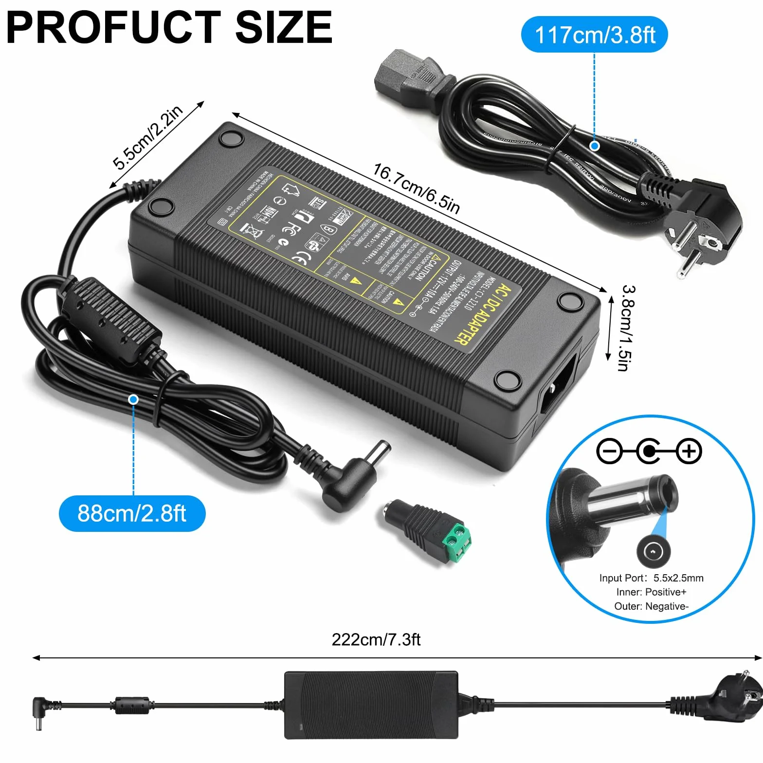 Adattatore di Alimentazione 12V 10A, 120W Convertitore AC 100-240V a DC 12V 10A con Connettore 5,5 x 2,5/2,1 mm Compatibile con Strisce LED, Stampanti 3D, Telecamere CCTV e Dispositivi a 12V