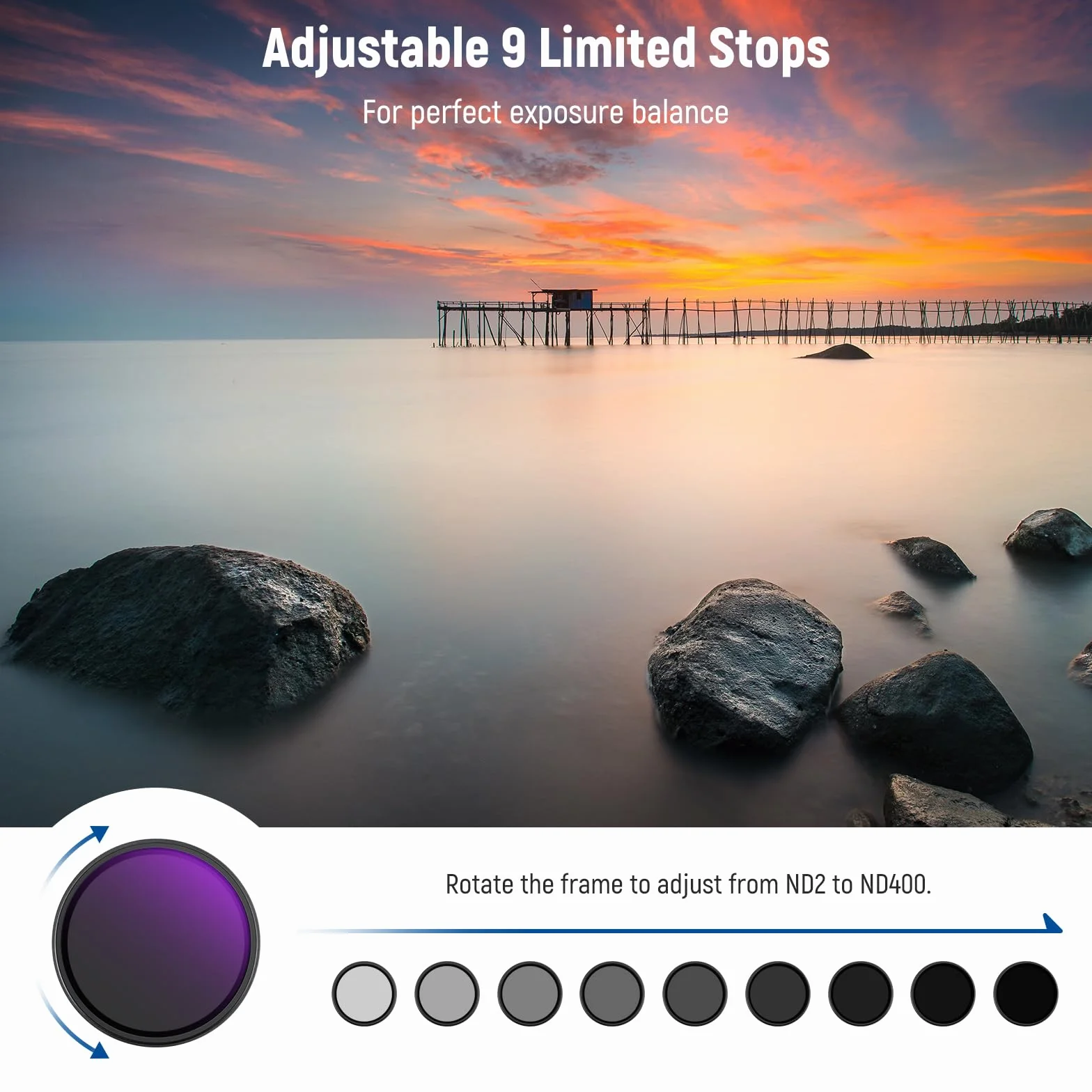 NEEWER Filtro ND2-ND400 Variabile, Filtro a Densità Neutra Regolabile Limitato con Stop Ripido, Vetro Ottico Antigraffio Idrorepellente Multistrato, Telaio Sottile in Alluminio, 77mm