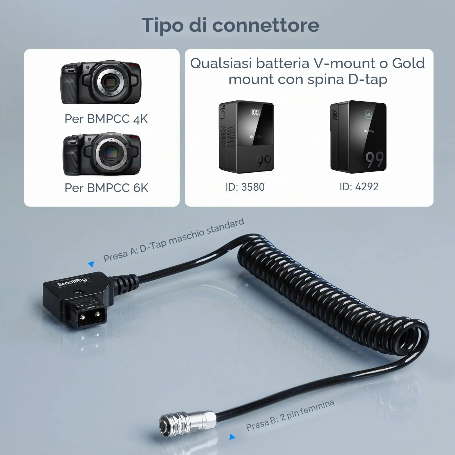 SMALLRIG D-TAP Cavo di Alimentazione a Spirale per Blackmagic Pocket Cinema Camera 4K / 6K per Batteria V Mount/Gold Mount, Weipu SF6 2 pin Femmina a P Tap, Lunghezza 15"-47" - 4761