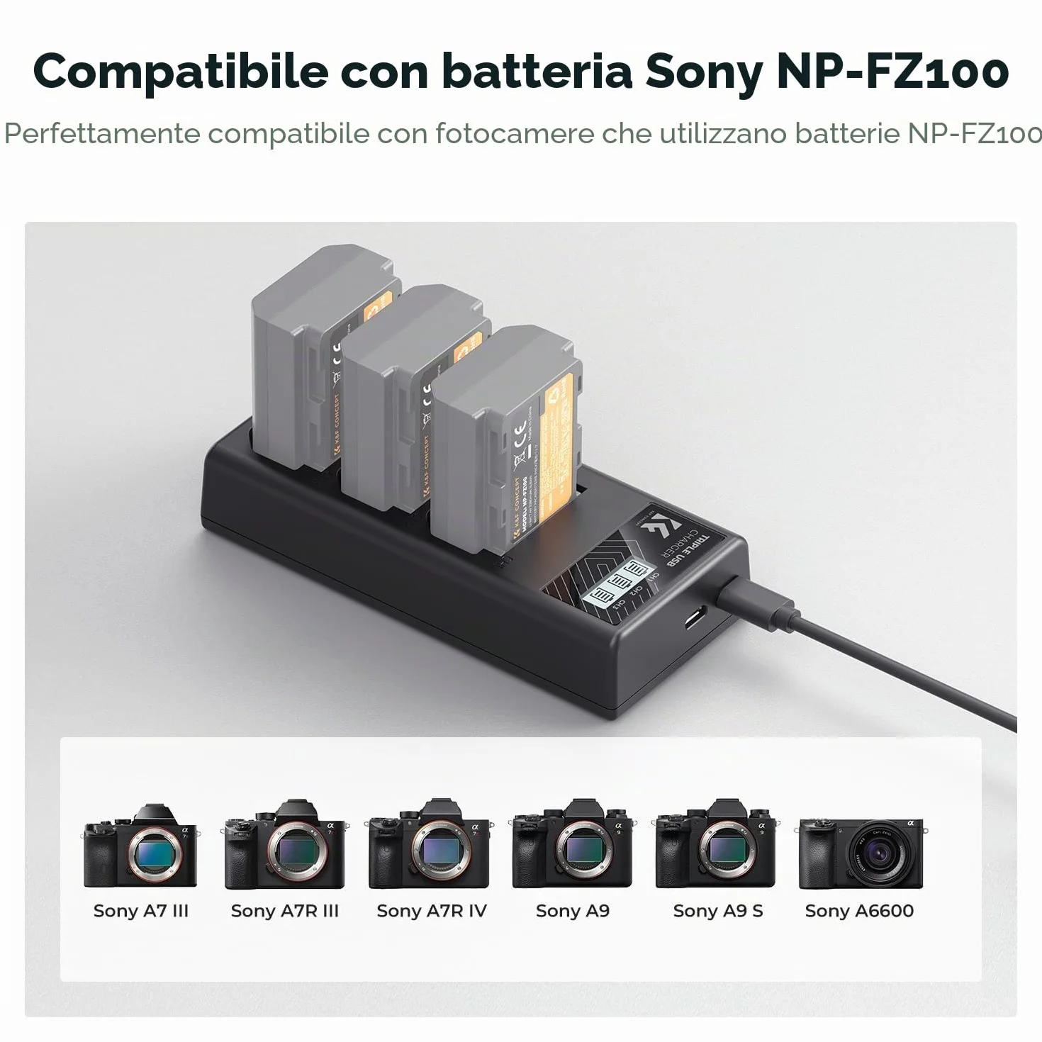 K&F CONCEPT Caricabatterie NP-FZ100, caricabatterie a 3 slot A7iii con display LCD per fotocamere Sony A7iii A7iv A7Rv A6700 A6600 A9 A1 FX3 FX30 ZV-E1
