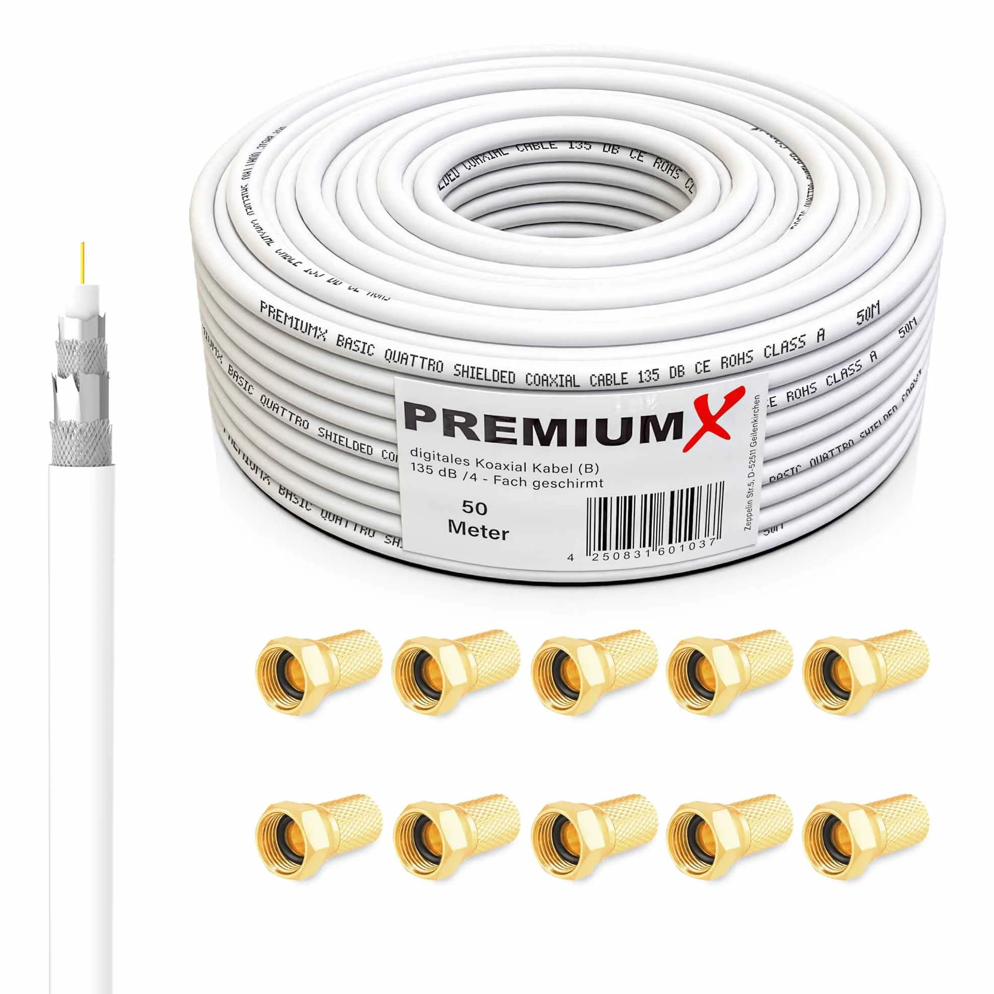 Premium X BASIC Cavo Coassiale Da 50m - Ricezione Perfetta Con Schermatura in Alluminio Quadrupla 135dB - Compatibile Con DVB-S/S2/C/T, BK Impianti - Inclusi 10 Connettori F