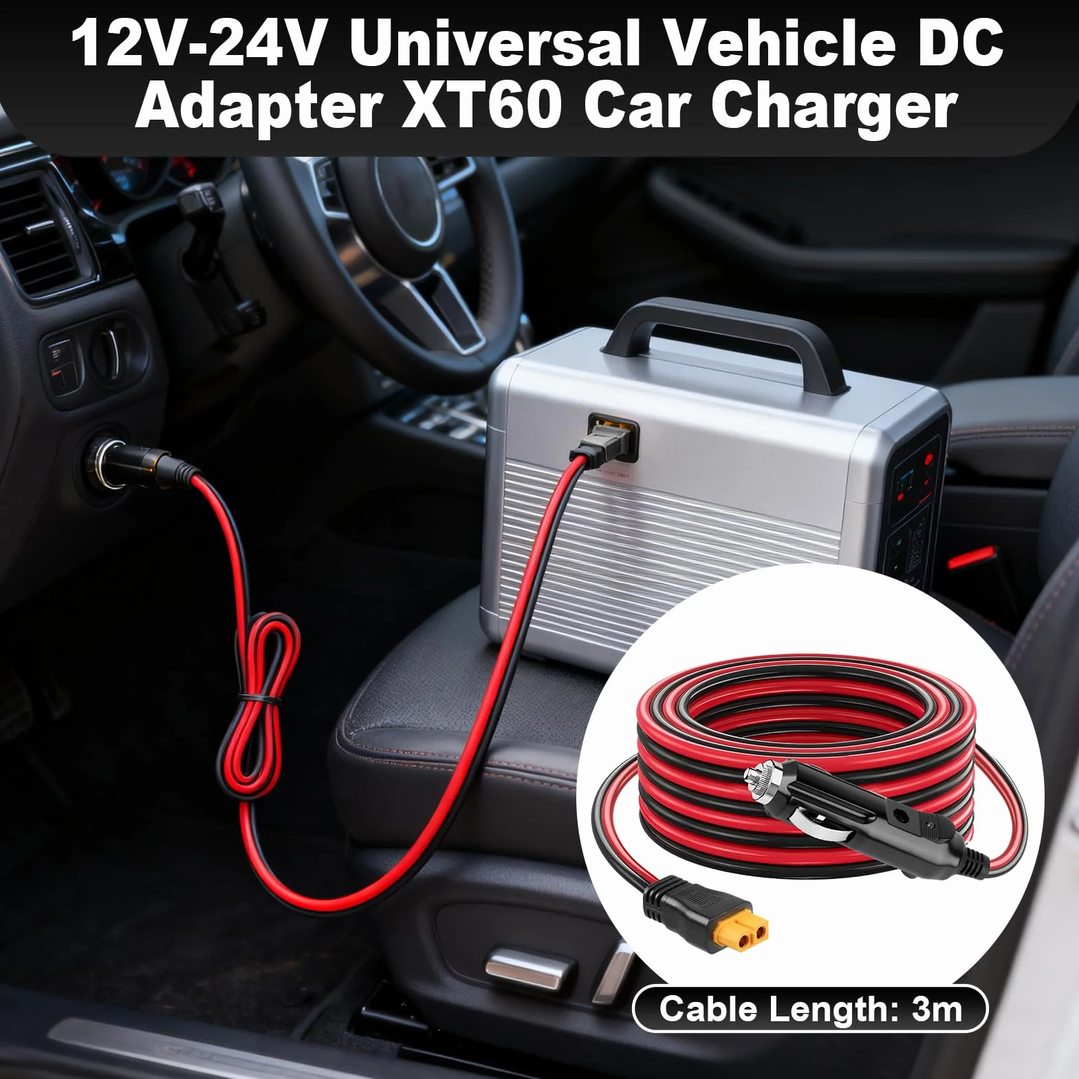 Cavo da accendisigari da 12 V/24 V a XT60, adattatore CC XT60 da 3 m, 16 AWG, caricabatteria da auto per BLUETTI Power Station EB55/AC2A/AC70, Anker 757/767, SOLIX C200 C300, generatore solare ECOFLOW