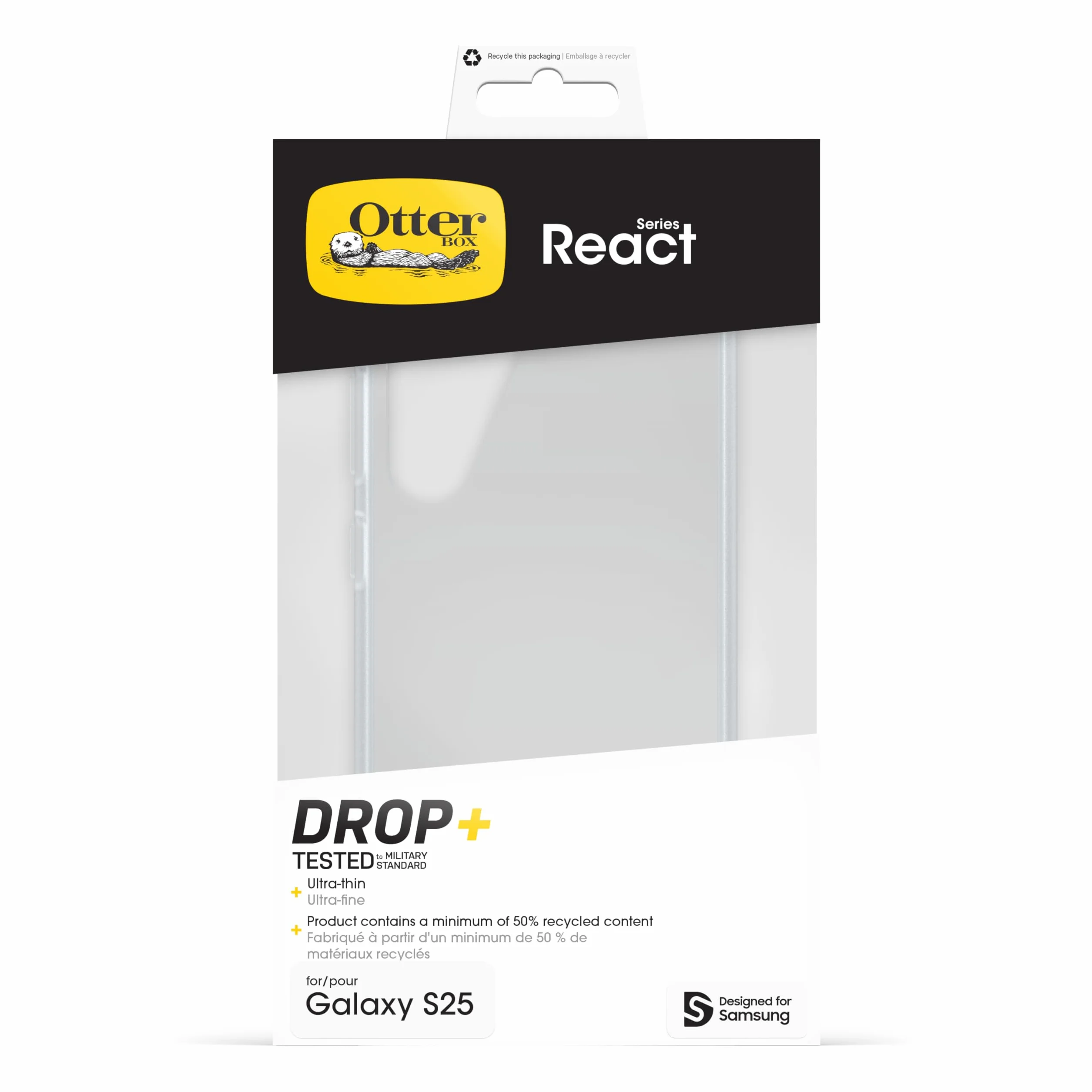 Cover per Samsung Galaxy S25 OtterBox React Series, resistente a shock e cadute fino, cover ultrasottile, testata a norme MIL-STD 810G, Trasparente