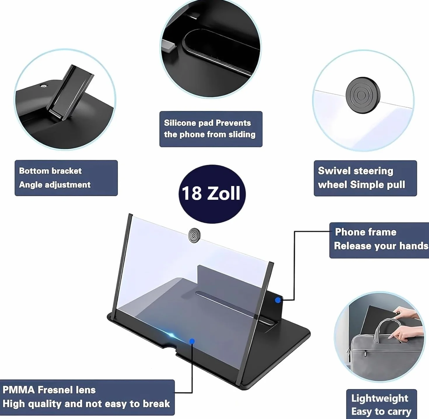 18 pollici ingranditore schermo smartphone,3D HD lente ingrandimento smartphone, Amplificatore schermo cellulare, anti- blu per tutti gli smartphone (18 pollici)