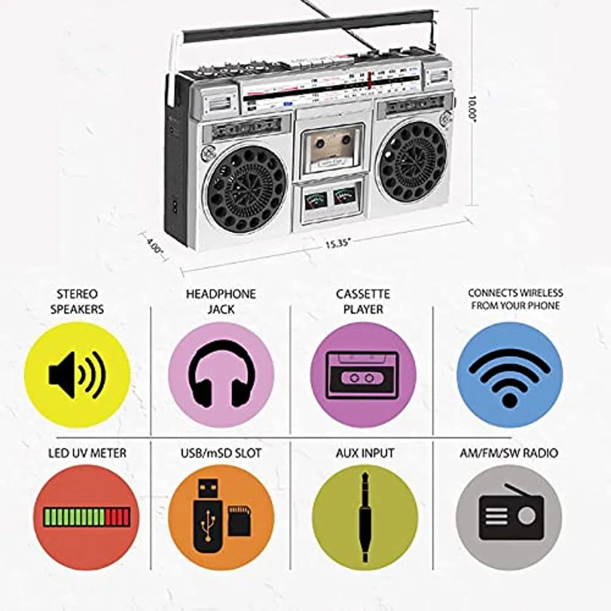 Radio Lettore Cassette, Boombox Lettore CD Retrò, Altoparlante Radio AM/FM E Jack Per Auricolari, Supporto Ingresso SD/USB, Altoparlante Radio E Jack Per Auricolari, Classico Stile Anni '80