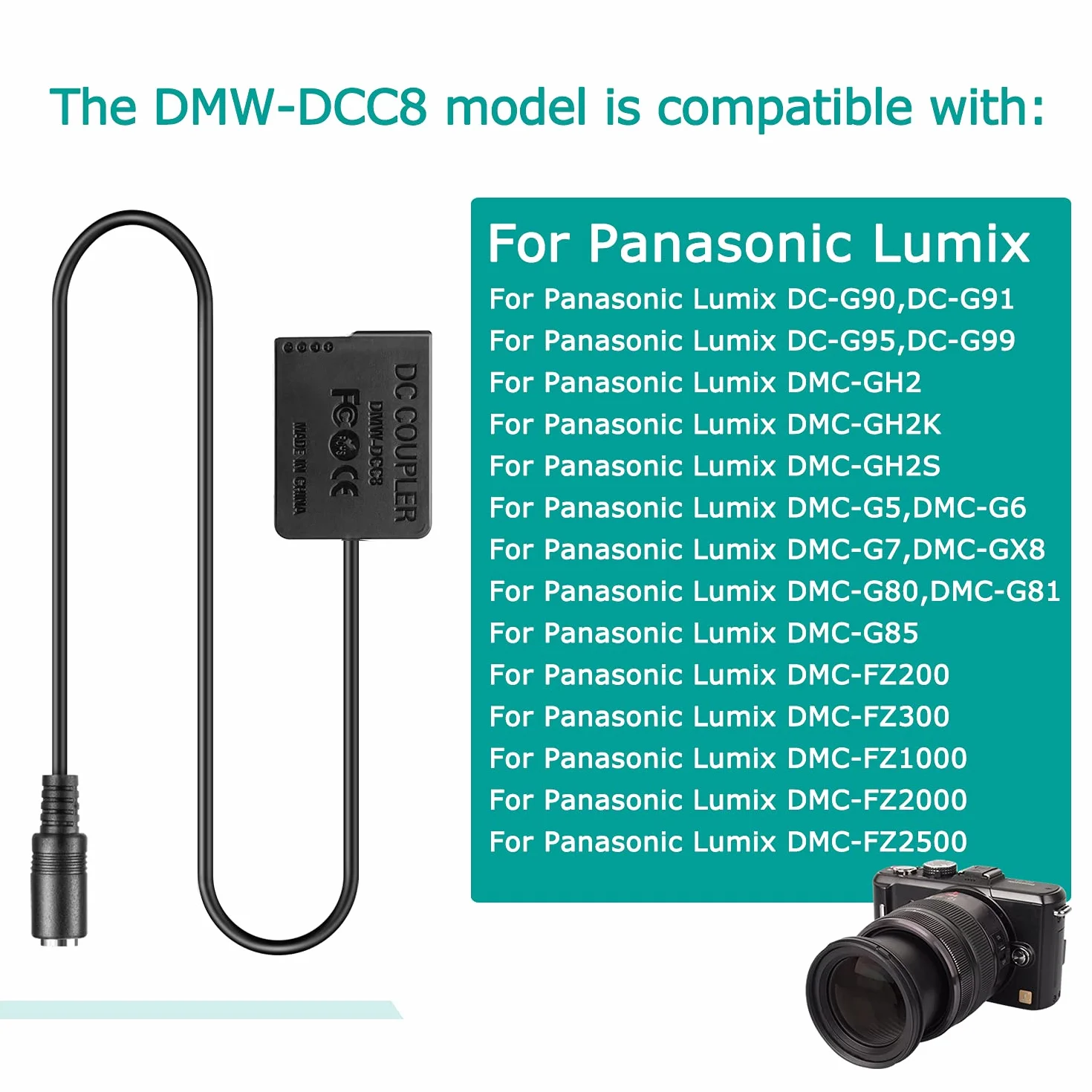 DMW-AC8 Adattatore di alimentazione CA DMW-DCC8 Accoppiatore CC DMW-BLC12 Batteria fittizia per Panasonic Lumix DMC-FZ2500 FZ1000 FZ300 FZ200 G85 GX8 G7 G6 G5 DC-G90 G95 Telecamere
