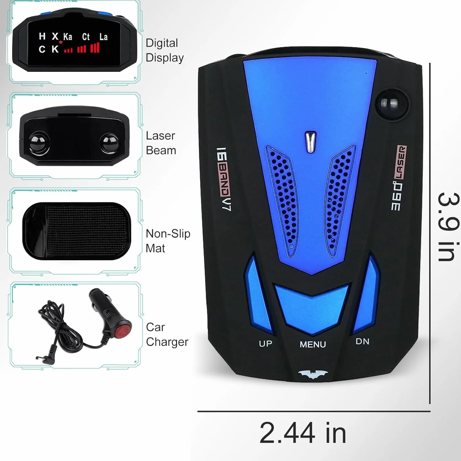 Rilevatore radar per auto GPS V7 a 16 bande, allarme vocale e sistema di allarme velocità a 360 gradi con rilevamento, sensore radar per auto