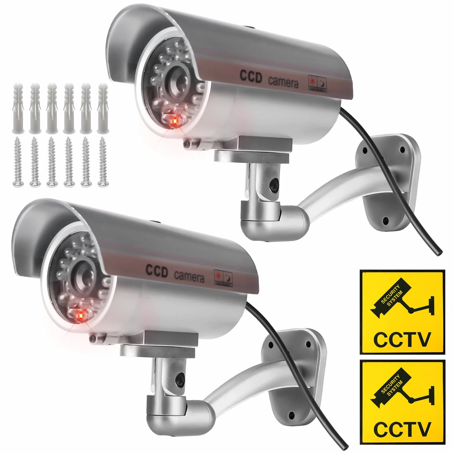 Sporgo 2 pezzi telecamera di sorveglianza: Dummy telecamera di sorveglianza esterna con luce a LED rossa lampeggiante, atrappe telecamera di sorveglianza finta fotocamera di sicurezza per interni ed