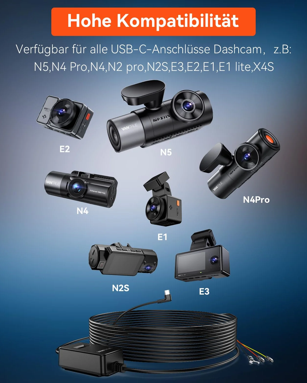 VANTRUE Kit di Cablaggio USB-C con 3 Velocità, Cavo ACC e display per Dashcam USB-C, da 12V/24V a 5V, Portafusibili con Protezione da Bassa Tensione, Modalità di Parcheggio 24H