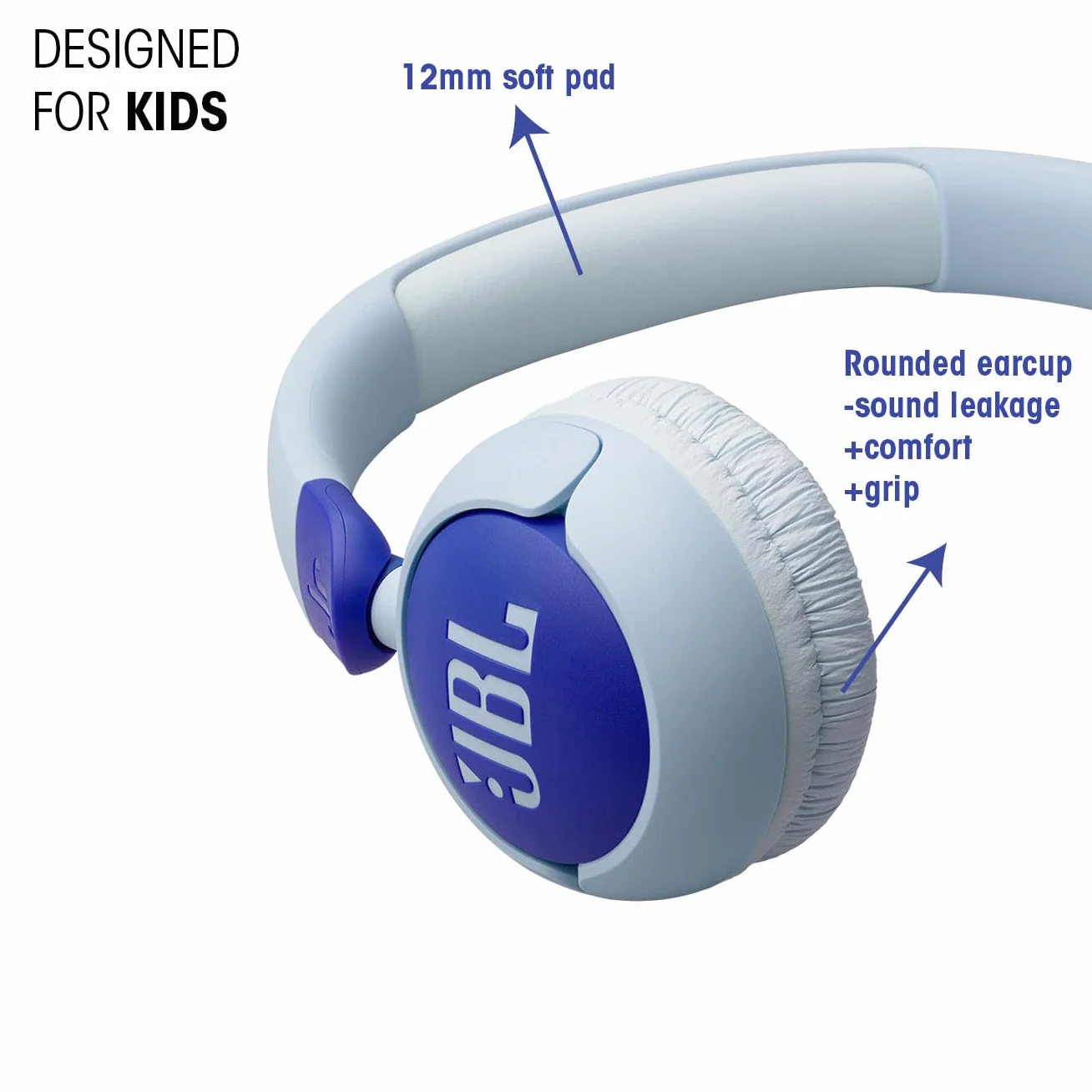 JBL Junior 320 Cuffie On-Ear con Filo per Bambini, Microfono Integrato, Safe Sound, Limitatore del Volume, Cuscinetti Morbidi e Spessi 12 mm, Set Adesivi, Design Portatile Pieghevole, Blu