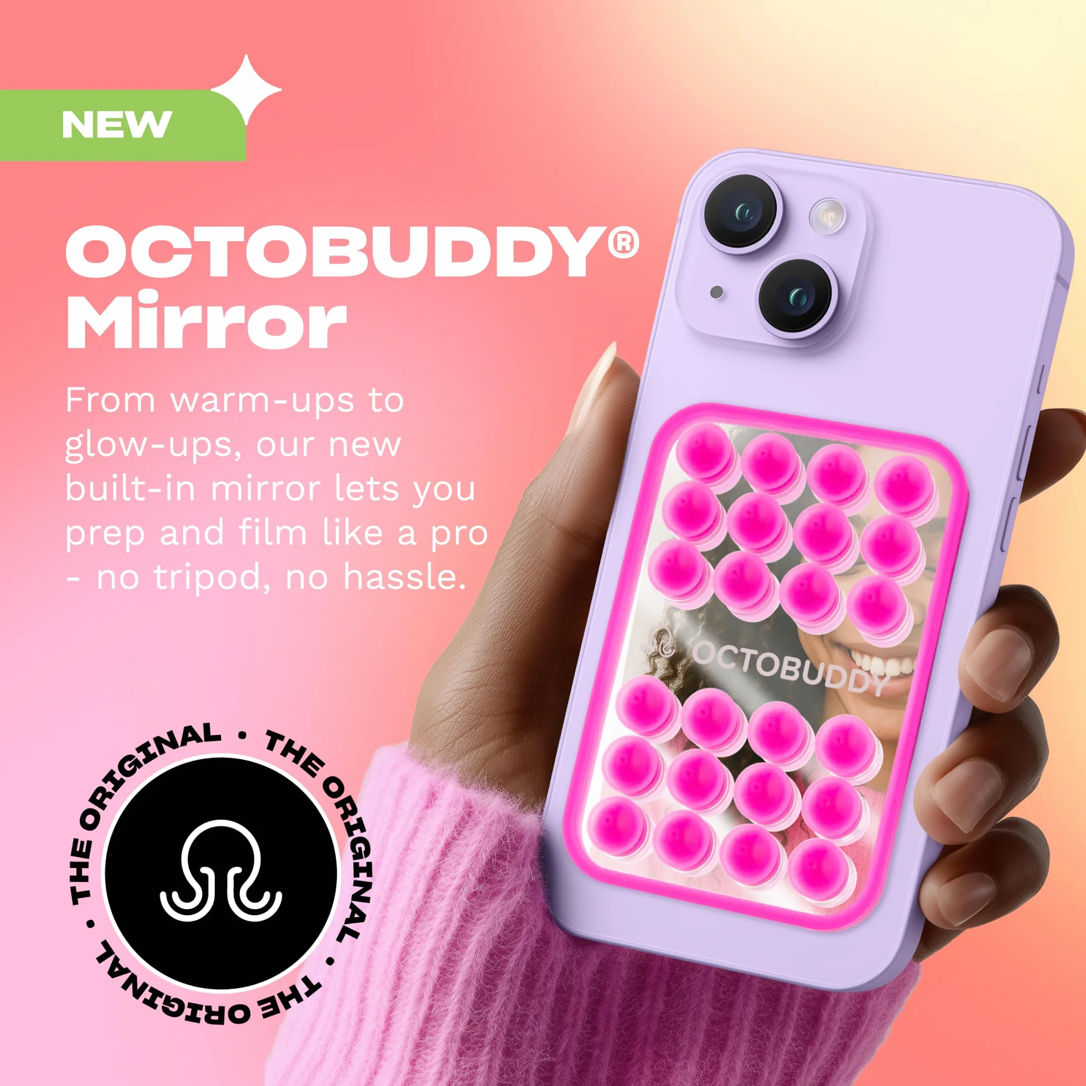 OCTOBUDDY Mirror - Il GOAT Delle Ventose per Telefono - Supporto Cellulare in Silicone con Specchio Integrato - Selfie e Video Senza Mani - Accessorio per Content Creator - 66 x 99 mm, Azzurro Chiaro