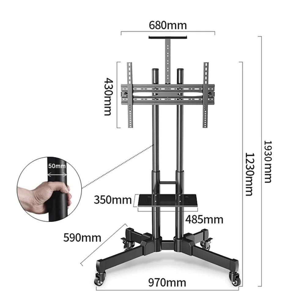Carrello TV Resistente con ripiano portaoggetti - Supporto TV Mobile con Ruote per TV a Schermo Piatto da 32-70 Pollici, per uffici, Case, scuole