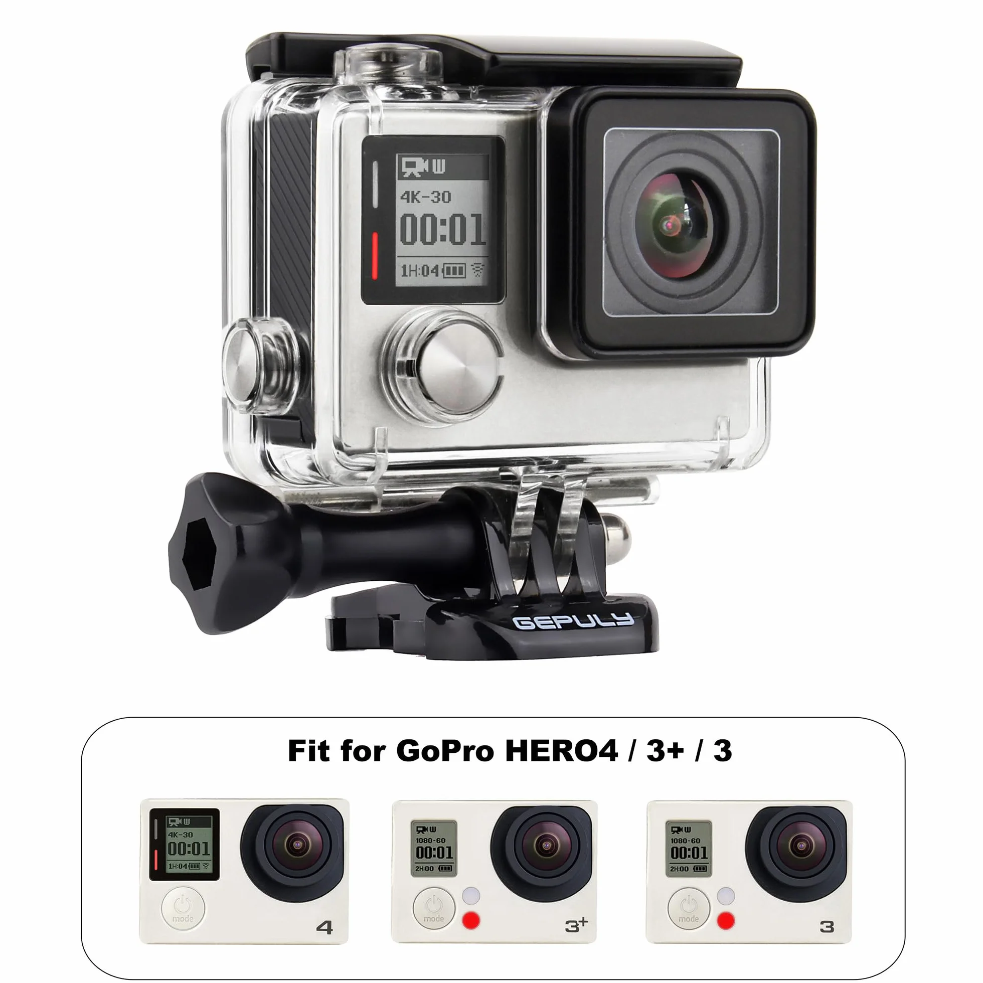 GEPULY - Custodia protettiva per GoPro Hero 4, Hero 3+, Hero 3, Hero 3, custodia protettiva laterale con scheletro posteriore e porta LCD Touch Backdoor per GoPro Hero 4, Hero 3+, Hero3 + Hero3