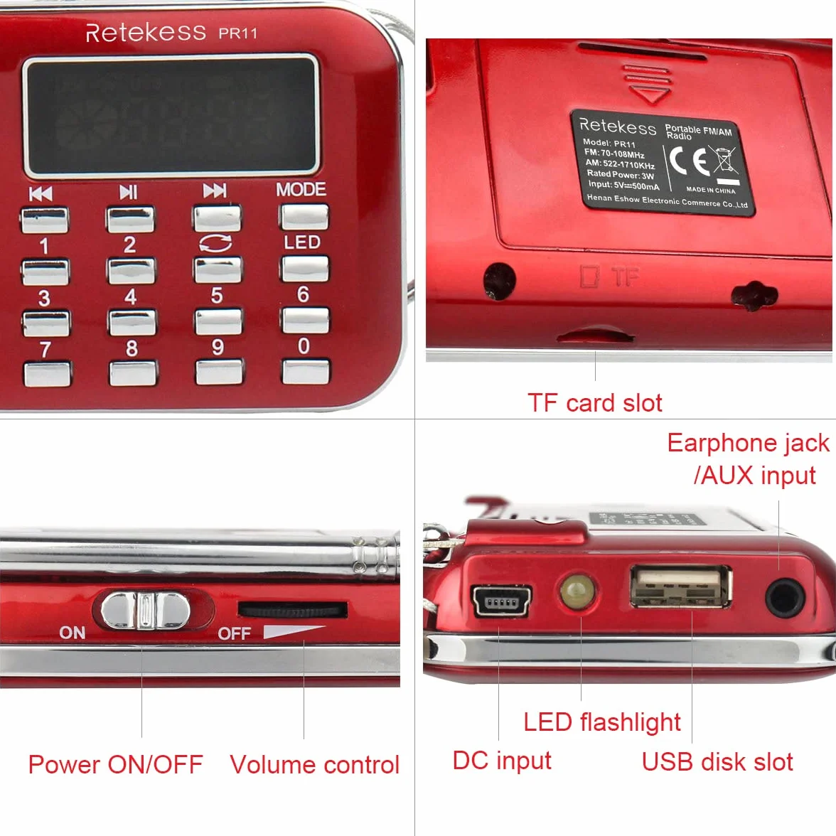 Retekess PR11 Mini Radio Portatile, Radio FM AM, con Altoparlanti, Display LCD, Batteria Ricaricabile, Radiolina Tascabile Supporta unità USB, Scheda TF, AUX (Rosso)