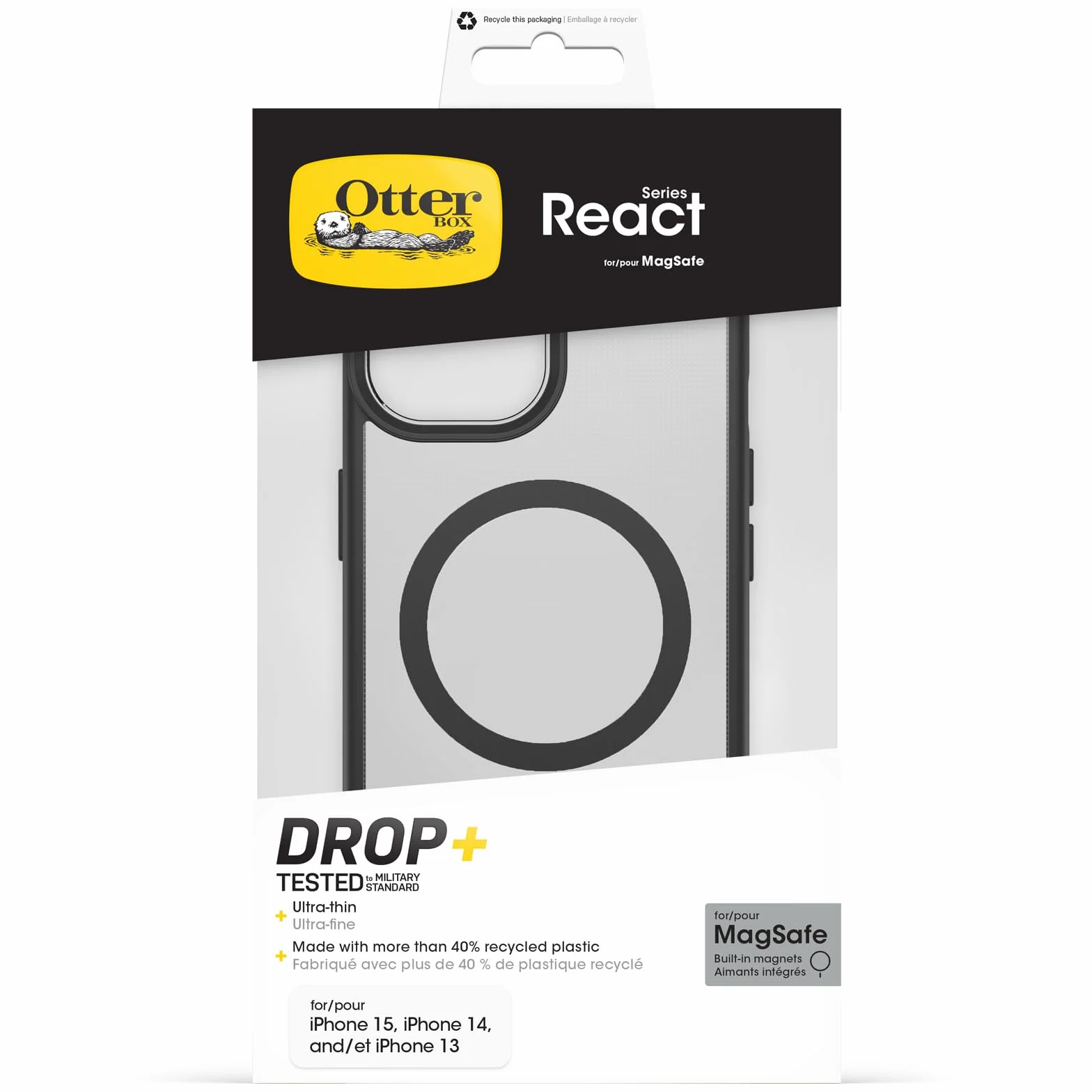 OtterBox React Series MagSafe Cover per iPhone 17e, 16e, 15, 14, 13, resistente a shock e cadute fino, cover ultrasottile, testata a norme MIL-STD 810G, Trasparente, Nero