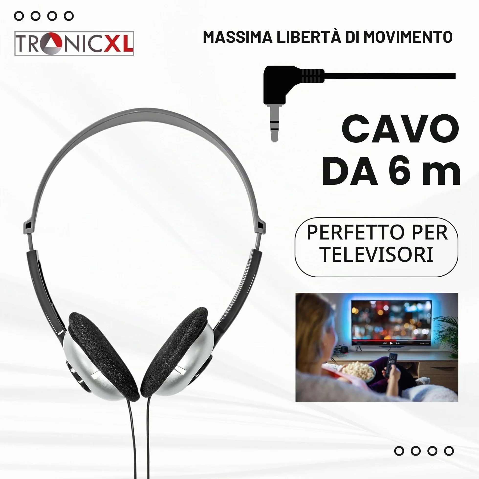 TronicXL - Cuffie per TV con cavo lungo 6 m, compatibili con televisori Samsung, LG, Sony, Toshiba, DYON, JVC, Philips, Apple, iPad, iMac, Computer, etc
