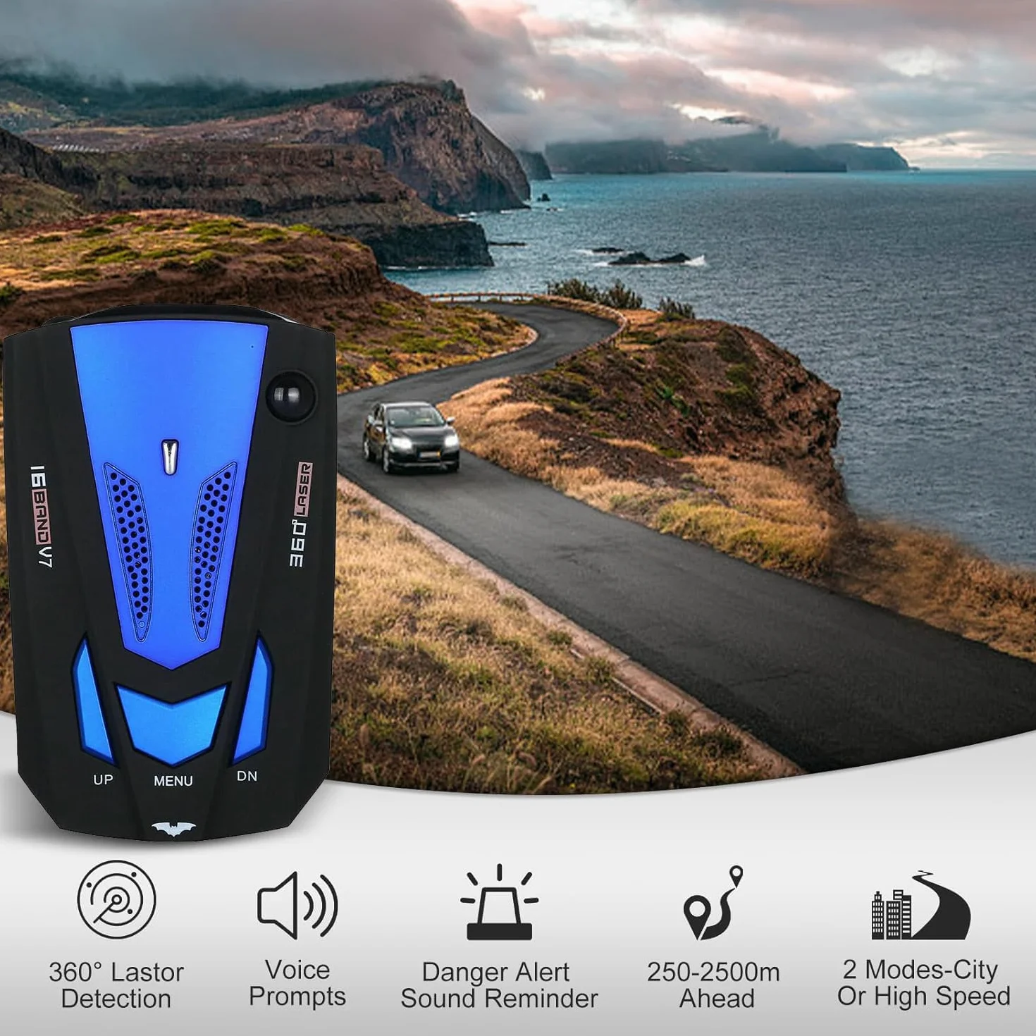Rilevatore radar per auto GPS V7 a 16 bande, allarme vocale e sistema di allarme velocità a 360 gradi con rilevamento, sensore radar per auto