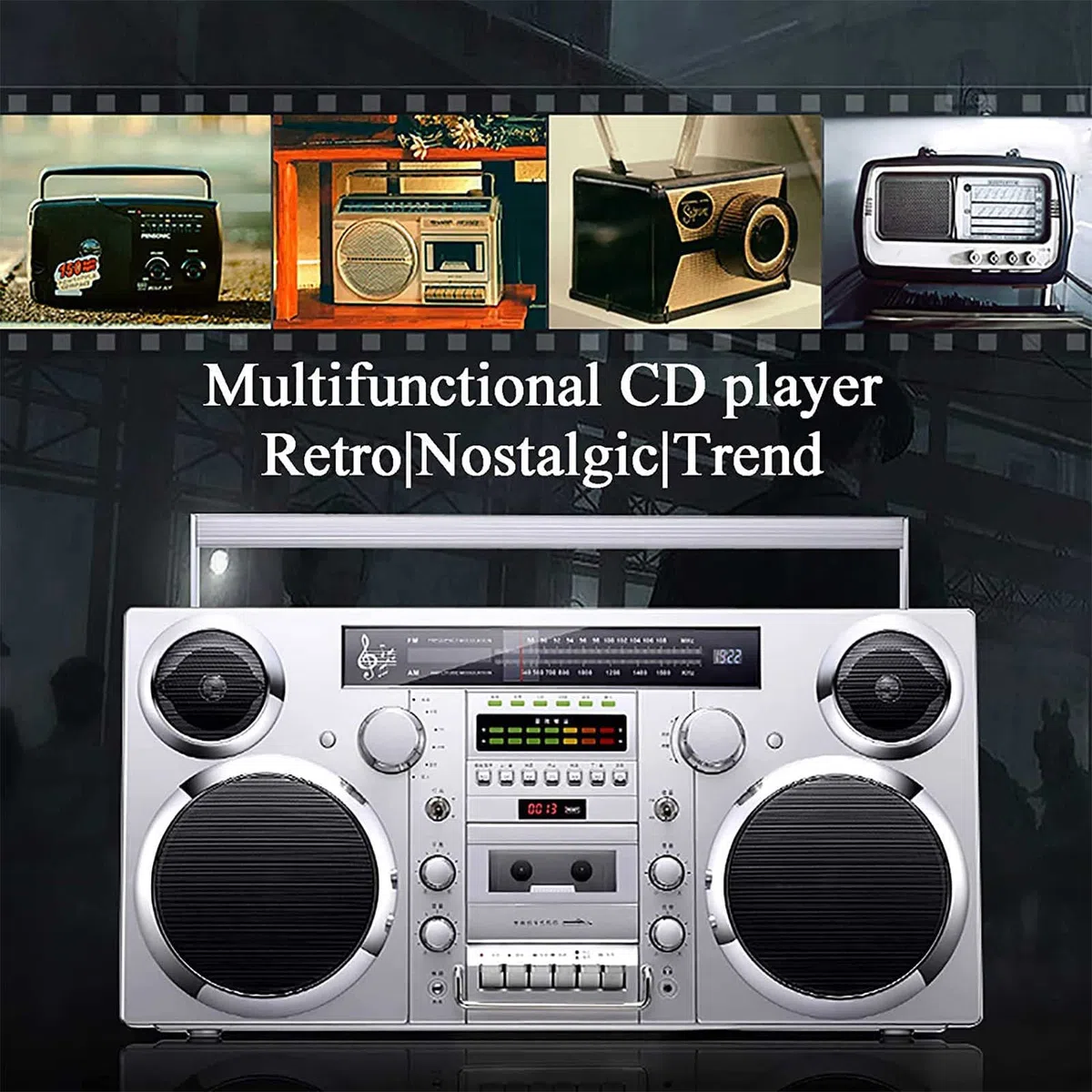 Boombox wireless retrò con Bluetooth 5.0, radio AM/FM, riproduzione SD/AUX/USB e registrazione one-touch per intrattenimento musicale domestico e all'aperto